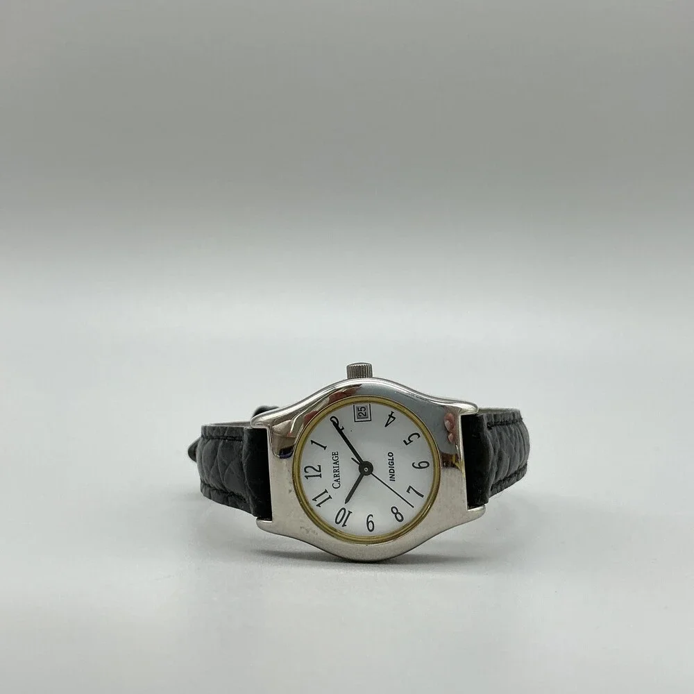 Carriage By Timex Womens Watch 24mm Black Leather Indiglo Date New Battery